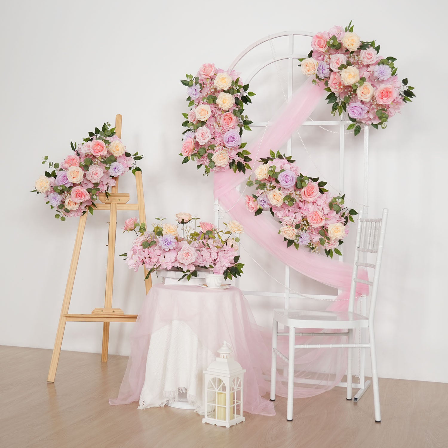 Uflower Artificial Pink Purple Rose Green Leaf Flower Row Wedding KT Backdrop Decor